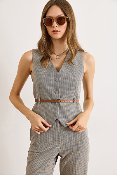 Olalook Kadın Siyah Astarlı Kemer Detaylı Kazayağı Yelek YLK-19000094