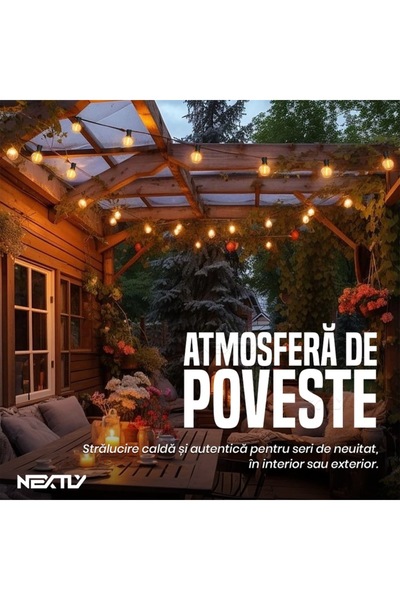 NEXTLY Glowluxe Retro-Style Waterproof String Lights, 8m, 25 Interconnectable Bulbs, Black