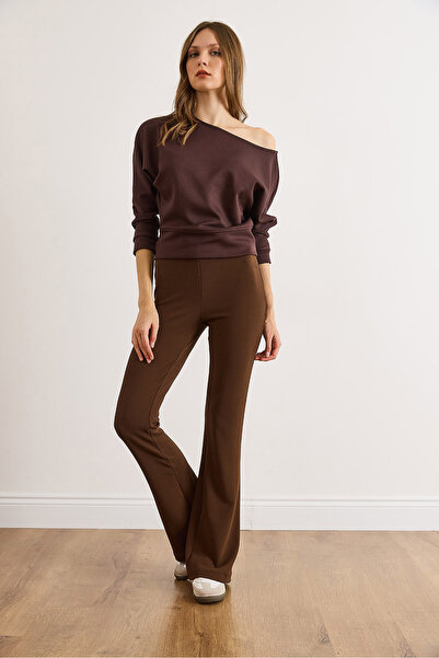 Olalook Kadın Kahverengi İspanyol Paça En Boy Likralı Pantolon PNT-19000375