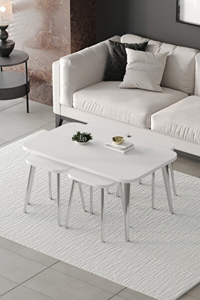 ED Efelez Design Zigon ve Orta Sehpa 5'li Takım , Metal Ayaklı , Roma 4+1 Sehpa , Gümüş Metal - Beyaz Tabla