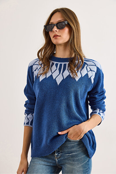 Olalook Kadın İndigo Yaka Manşet Detaylı Triko Kazak KZK-19001023