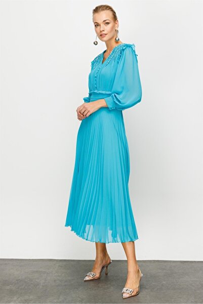 Nefeli İşleme Detay Elbise TURKUAZ