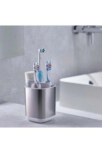 Joseph Joseph Suport periuță de dinți EasyStore 70530, 12x9.5x9.5cm, Detașabil, Orificiu de scurgere, Alb/Oțel inox