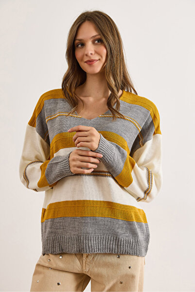 Olalook Kadın Gri V Yaka Renk Bloklu Triko Kazak KZK-19001024