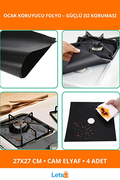 Letsii Siyah Yanmaz Yapışmaz Ocak Koruyucu Folyo 27x27 cm 4'lü Paket