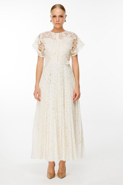 Nefeli Pilise Etekli Kelebek Detaylı Elbise EKRU