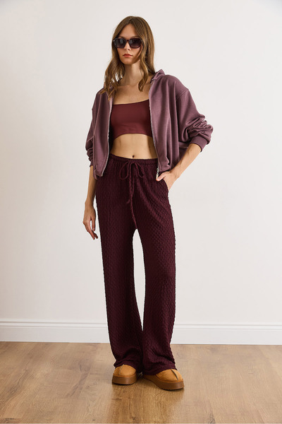 Olalook Women's Plum Pocketed Elastic Waist Textured Palazzo Pants Pnt-19000377