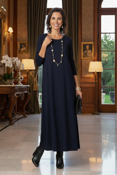 Nevin Kaya Moda Navy Blue Slimming Tok Combed Cotton Dress with Hidden Pockets