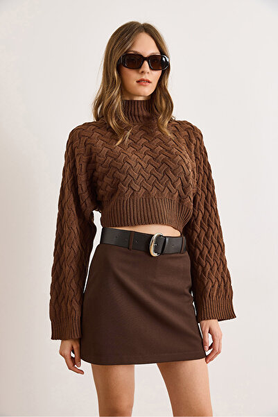 Olalook Women's Brown Wide Sleeve Detailed Knit Detailed Crop Knitwear Sweater Kzk-19001040