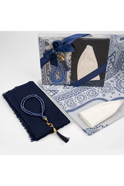Hayrat Neşriyat Seccade + Scarf + Skullcap + Prayer Beads Gift Set (Acetate Boxed, Navy Blue)