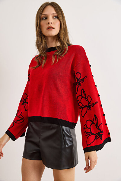 Olalook Women's Red Spanish Sleeve Patterned Knitwear Sweater Kzk-19000827