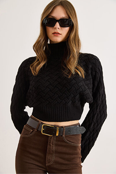 Olalook Women's Black Wide Sleeve Detailed Knit Detailed Crop Knitwear Sweater Kzk-19001040