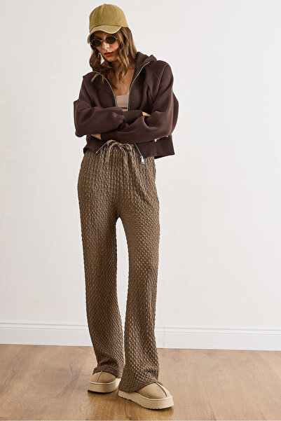 Olalook Women's Mink Pocketed Elastic Waist Textured Palazzo Pants Pnt-19000377