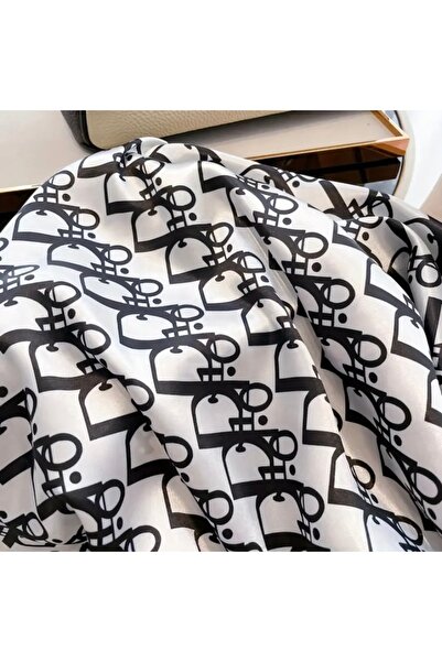 Accessories Eșarfă elegantă cu aspect de mătase, cu model alb-negru, accesoriu pentru femei, 90x90cm