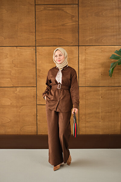 LOCCO Γυναικείο Σετ Φουλάρι και Πουκάμισο Καφέ