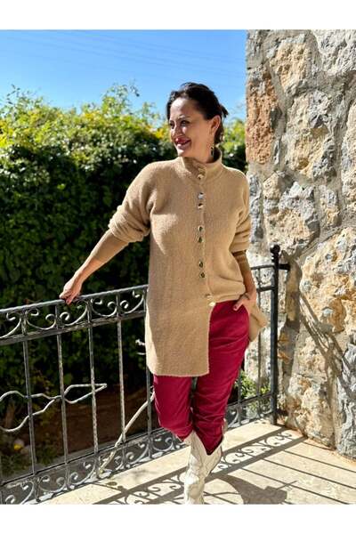 Punta Otantik Nc4079 Full Buttoned Wool Short Cardigan Camel