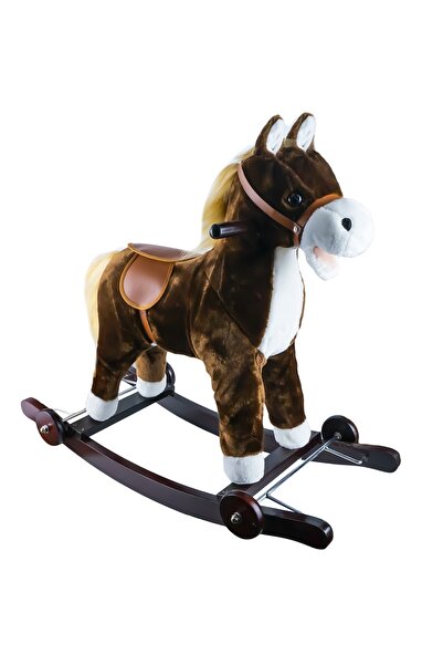 Robentoys Cal balansoar din pluș și lemn, espresso, cu roți, 74x33x62 cm