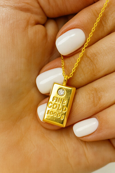 A-STİL TAKI 925 Ayar Gümüş Saf Altın Külçe Kolye-Hediye Kutulu