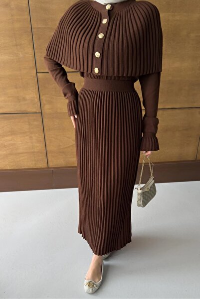 FERHEL Kadın Pliseli Triko Panço Elbise Takım