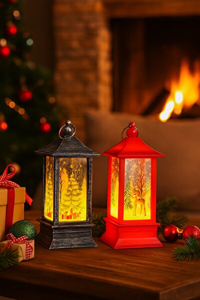 BiTon Toptan LED Işıklı Noel Feneri 2’li Set – Çam Ağacı & Bambi Temalı Dekoratif Yılbaşı Lambası 14 Cm