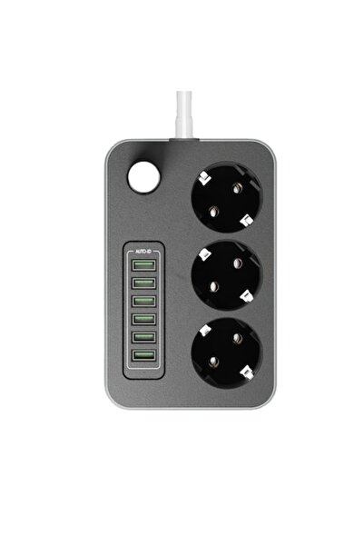 amXea Prelungitor PS-3601-G2BG Negru-Gri, 3 prize EU, 6x USB, 2500W, cablu 2m