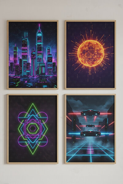 Tontilika Neon Şehir 4’lü Ahşap Çerçeveli Tablo Seti - Genç Odası Dekor