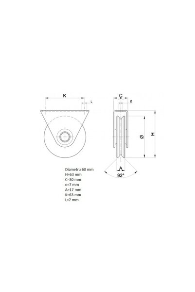 METALDESIGN Roată cu rulment în V și suport pentru porți culisante, RRSV60, Φ60 mm