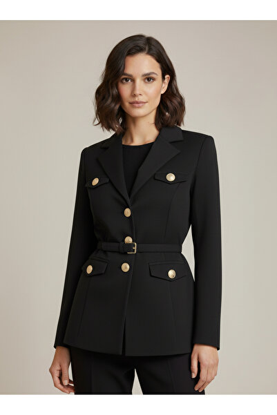 Entolya Lüks Gold Düğmeli, Kemerli/Kuşaklı Fit Kalıp Siyah Blazer Ceket – Siy...