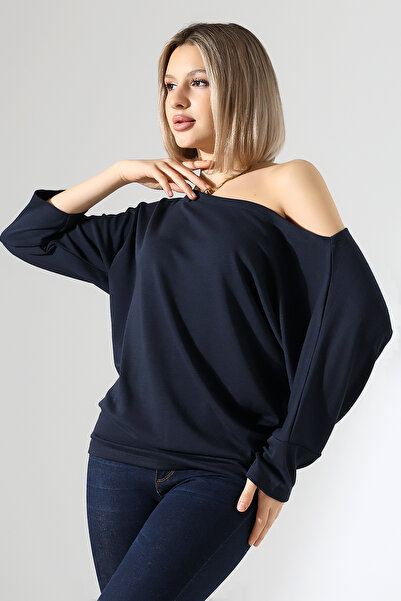 Şiir ALEG Жіноча блузка з круглим вирізом, вільним кроєм, рукавами-крильцями та топом - синя