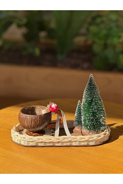 Maison Avf Natural Rattan 4-Piece Winter Decor Set – Tray, Mug, Coaster, Mini Pine Tree