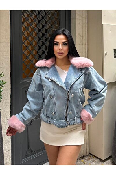 MEECY Τζιν μπουφάν με λεπτομέρεια από γούνα Cooper