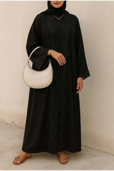 MayaCloset عباية نيدا كاب فيراس سوداء طويلة فاخرة مع حافة دانتيل أنيقة