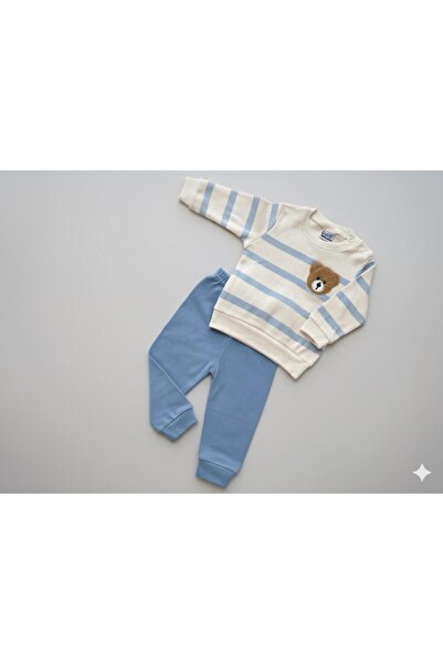 nikuby Erkek Bebek Çizgili Ayıcık Nakışlı %100 Pamuklu Alt Üst Takım | 6-9-12 Ay