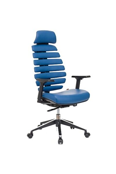 QMOBILI Scaun ergonomic ERGO LINE HI, piele naturală albastră, tetieră, bază din aluminiu