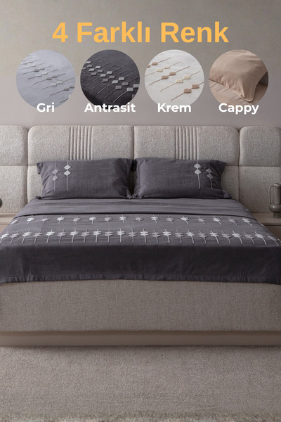 BUGİ HOME COLLECTİON Zen Baklava Desen Çift Kişilik Nakışlı Yatak Örtüsü Seti Şönil Kumaş Punch Nakışlı 240x260cm