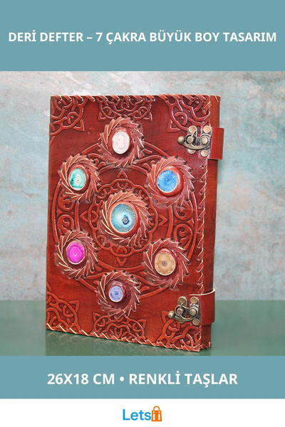 Letsii دفتر ملاحظات جلدي مرصع بالحجارة مقاس كبير بتصميم 7 شاكرات 26×18 سم