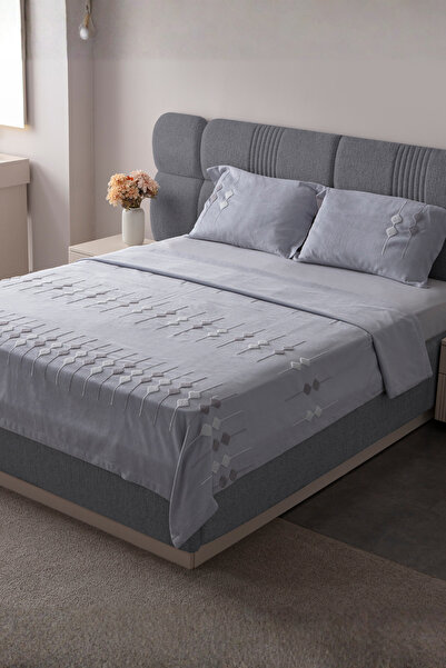 BUGİ HOME COLLECTİON Zen Baklava Pattern Double Size Embroidered Bedspread Set Chenille Fabric Punch Embroidered 240X260Cm