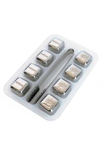 amXea Set 8 Stainless Steel Reusable Ice Cubes with Tongs and Storage Box