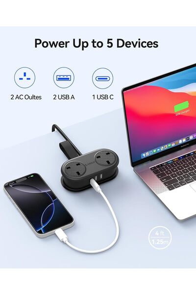 Orico Travel Power Strip — 2 Outlets, 3 USB Ports (1 USB-C), 3250W/13A, Compact Rollable (Black)