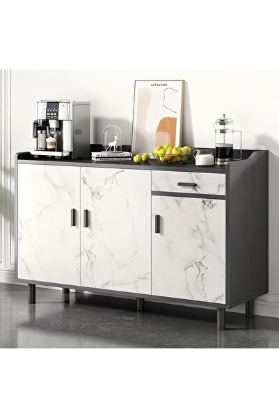 sharpdo بوفيه جانبي عصري - ٣ أبواب، درج، سطح أسود، أرجل خشبية، لمسة نهائية من...