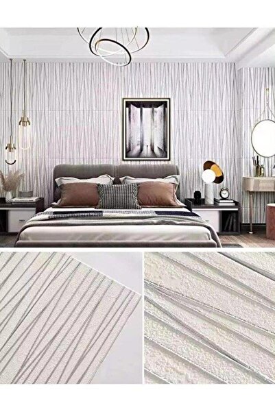 BienHome 70x70cm 0,50M² Çizgili Gümüş Beyaz Kendinden Yapışkanlı Duvar Paneli
