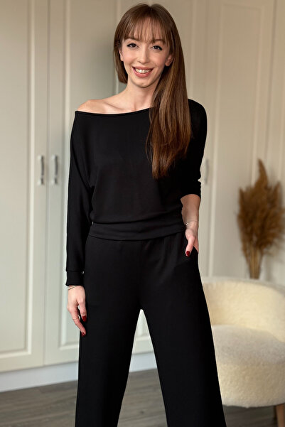 Dilay Gökoğlu Butik Kayak Neckline Modal Containing W Wide Leg Set