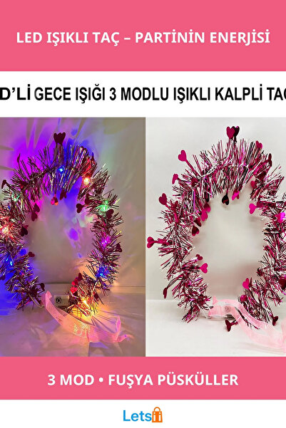 Letsii تاج بإضاءة LED بثلاثة أوضاع مع شرابات على شكل قلب، لون فوشيا