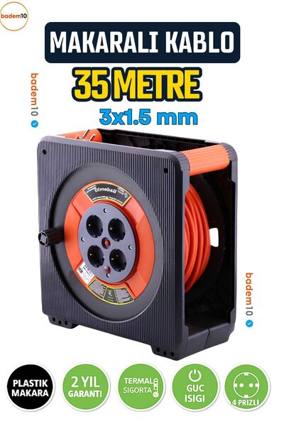 Badem10 Kaset Tipi 3x1.5 mm² 35 Metre Makaralı Uzatma Kablosu CCA 4 Prizli Te...
