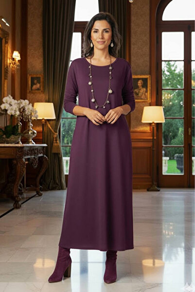 Nevin Kaya Moda Purple Slimming Combed Cotton Dress with Hidden Pockets