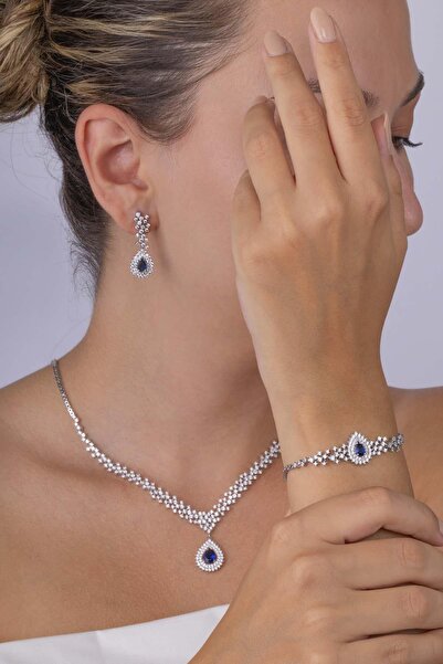 Gümüş Pazarım Hürrem Sultan Modeli Safir Taşllı Damla Motifli 925 Ayar Gümüş Set