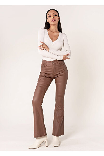 Nina Carter Flared pants made of -leather Matt brown B-LP302 M9