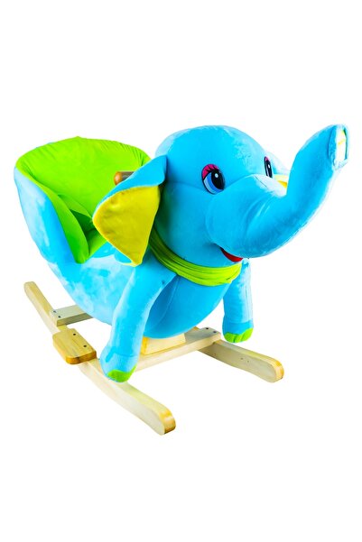 Robentoys Elephant rocker for babies, wood + plush, blue, 60x34x45 cm
