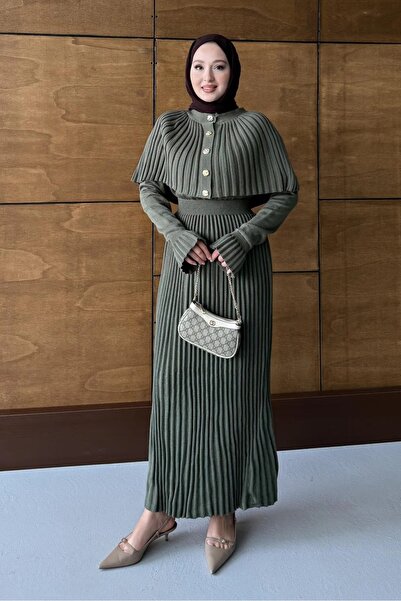 Kirazgym Women's Pleated Knitwear Poncho Dress Set