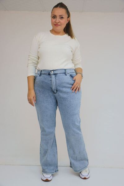 Eslina 9203-1 Plus Size Belted Leg Stone Detailed Jeans - Snow Wash Blue